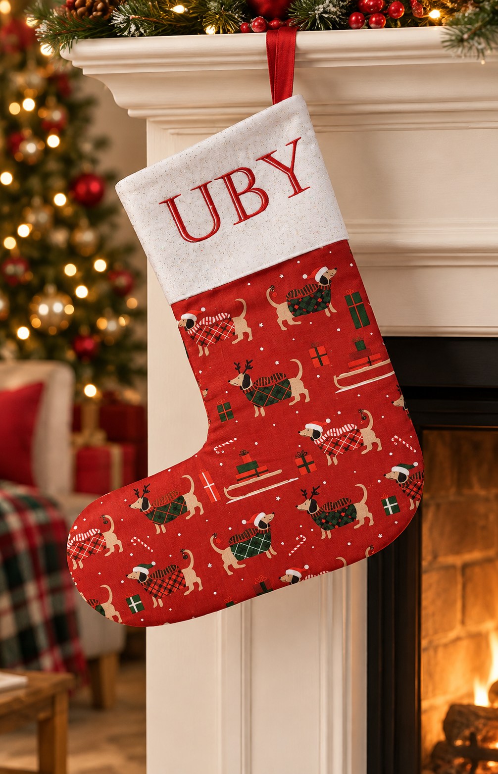 Botte de Noël pour la chienne Uby, personnalisée avec son prénom