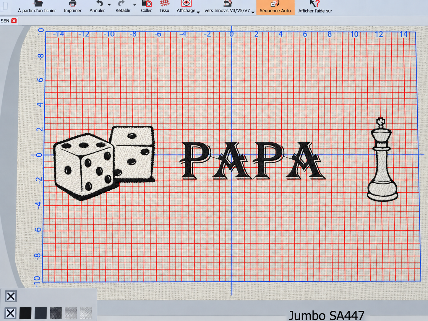 Composition Papa avec dé, domino et pièce d’échecs dans le logiciel de broderie