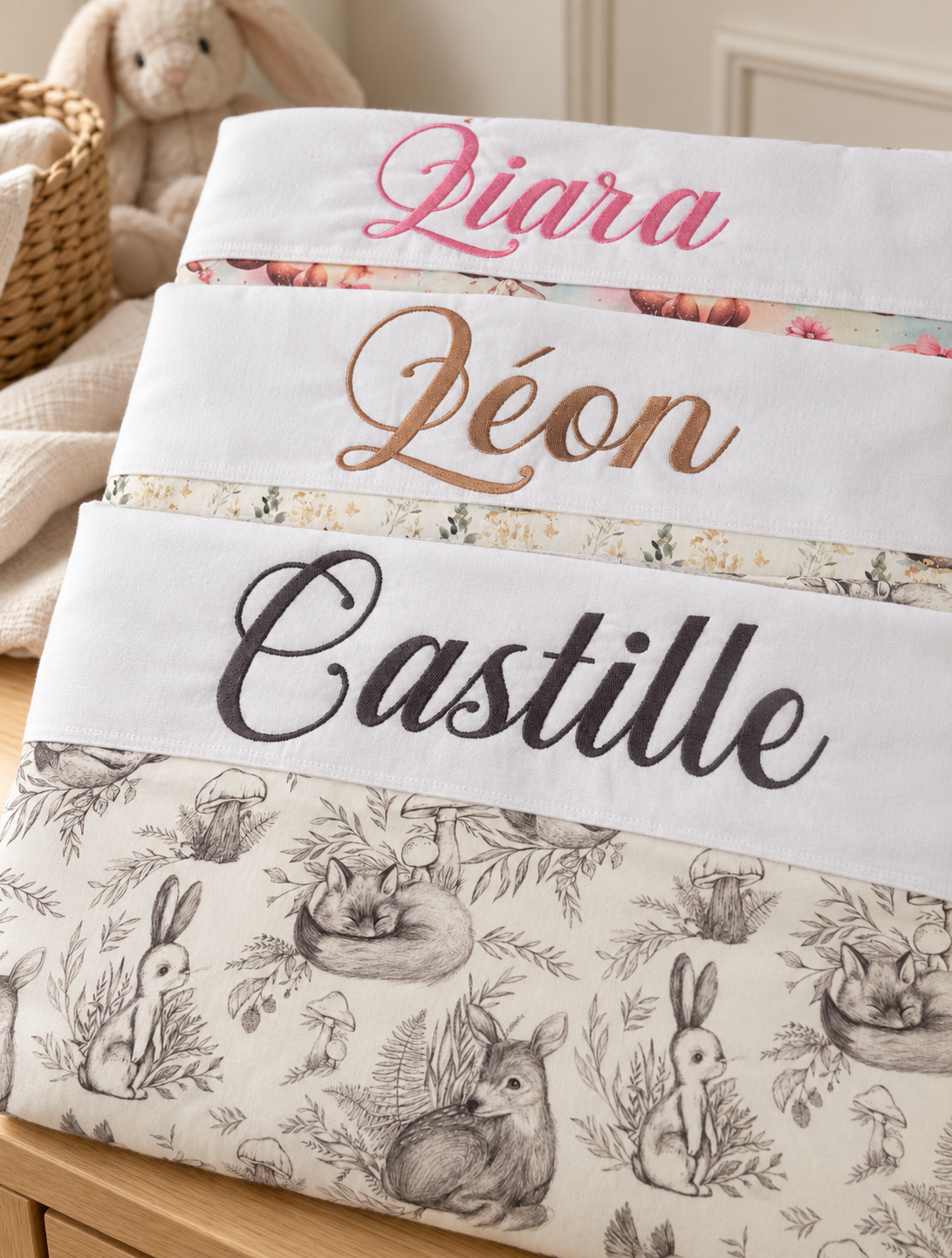 Détails des prénoms brodés Qiara, Léon et Castille