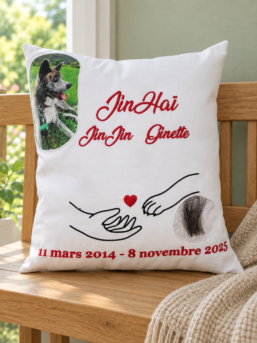 Coussin souvenir JinHai, photo de chien et broderies rouges