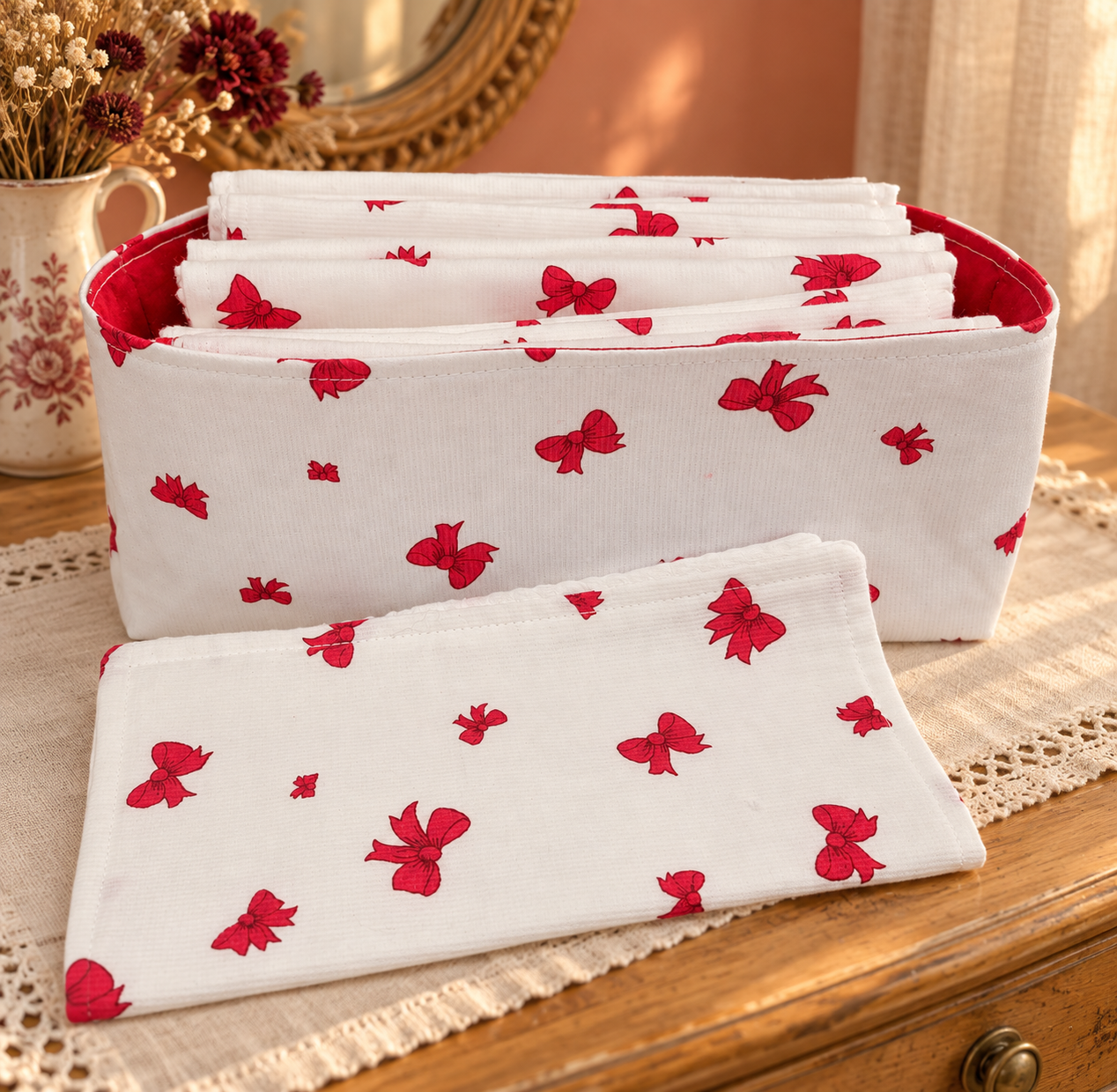 Essuie-bouches blancs à nœuds rouges et panier assorti