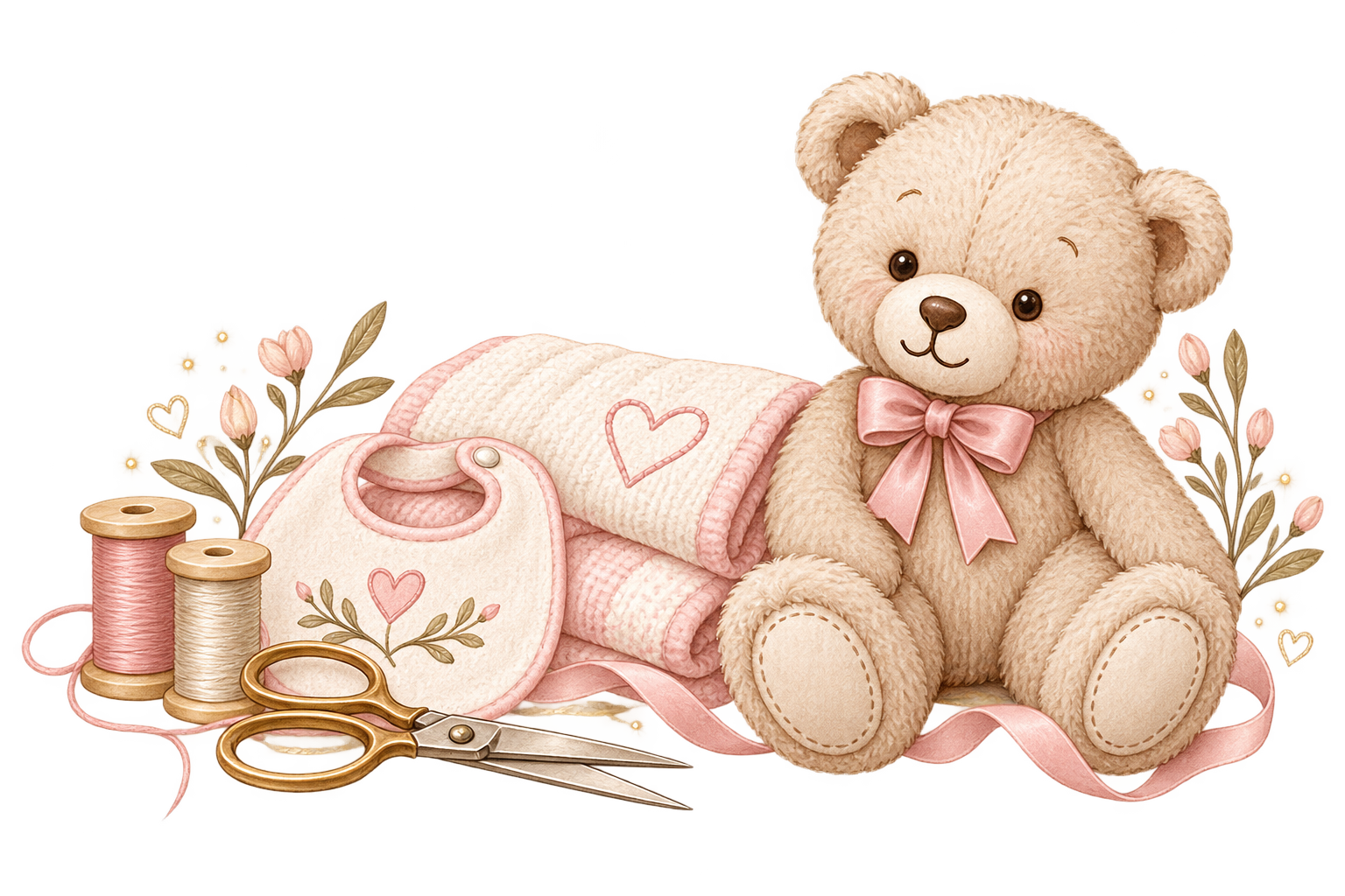 Le nounours au nœud rose du logo, entouré de bobines, de ciseaux dorés et de créations textiles illustrées