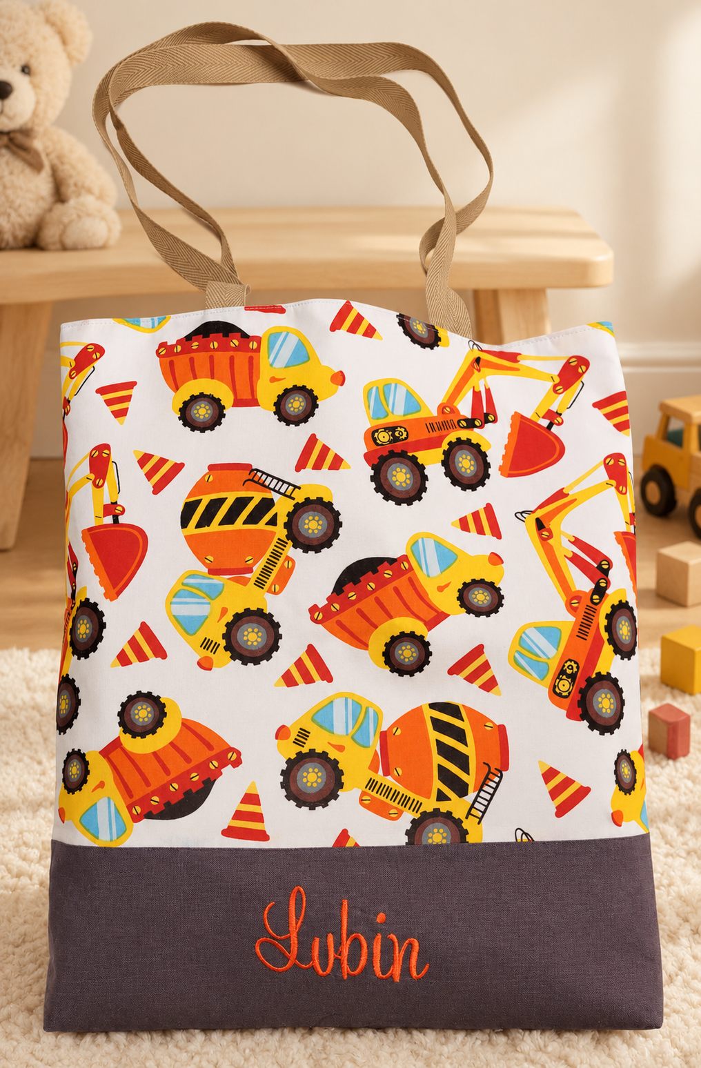 Tote bag Lubin — Engins de chantier et prénom brodé