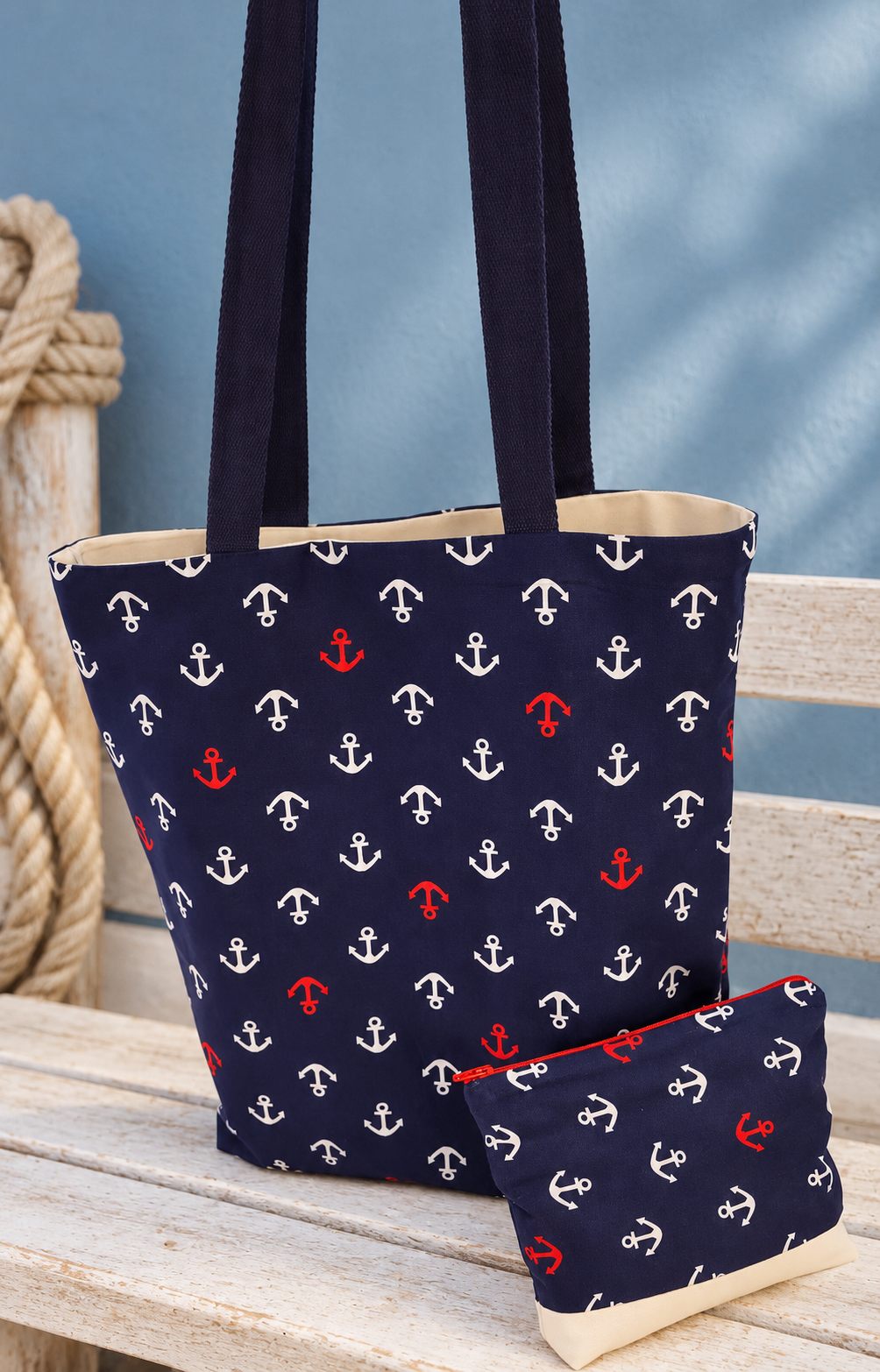 Tote bag Bord de mer — Ancres et pochette assortie