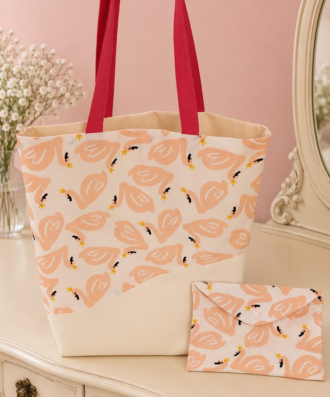 Tote bag Cygnes — Douceur rose et pochette assortie