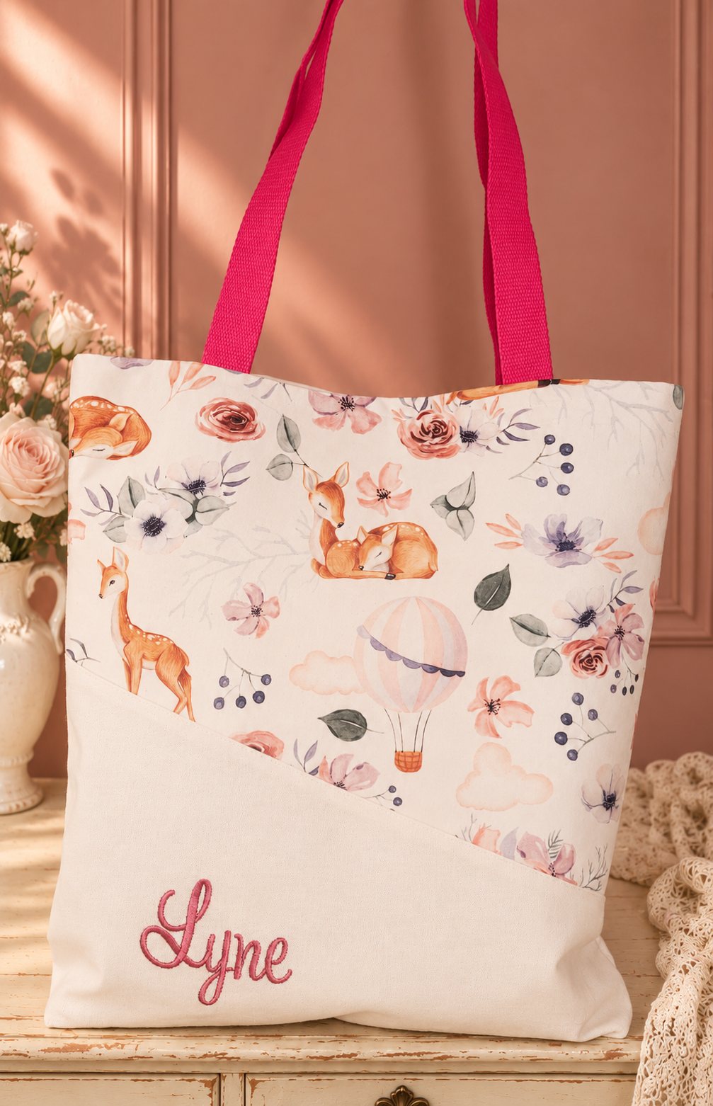 Tote bag Lyne brodé, faons et fleurs roses