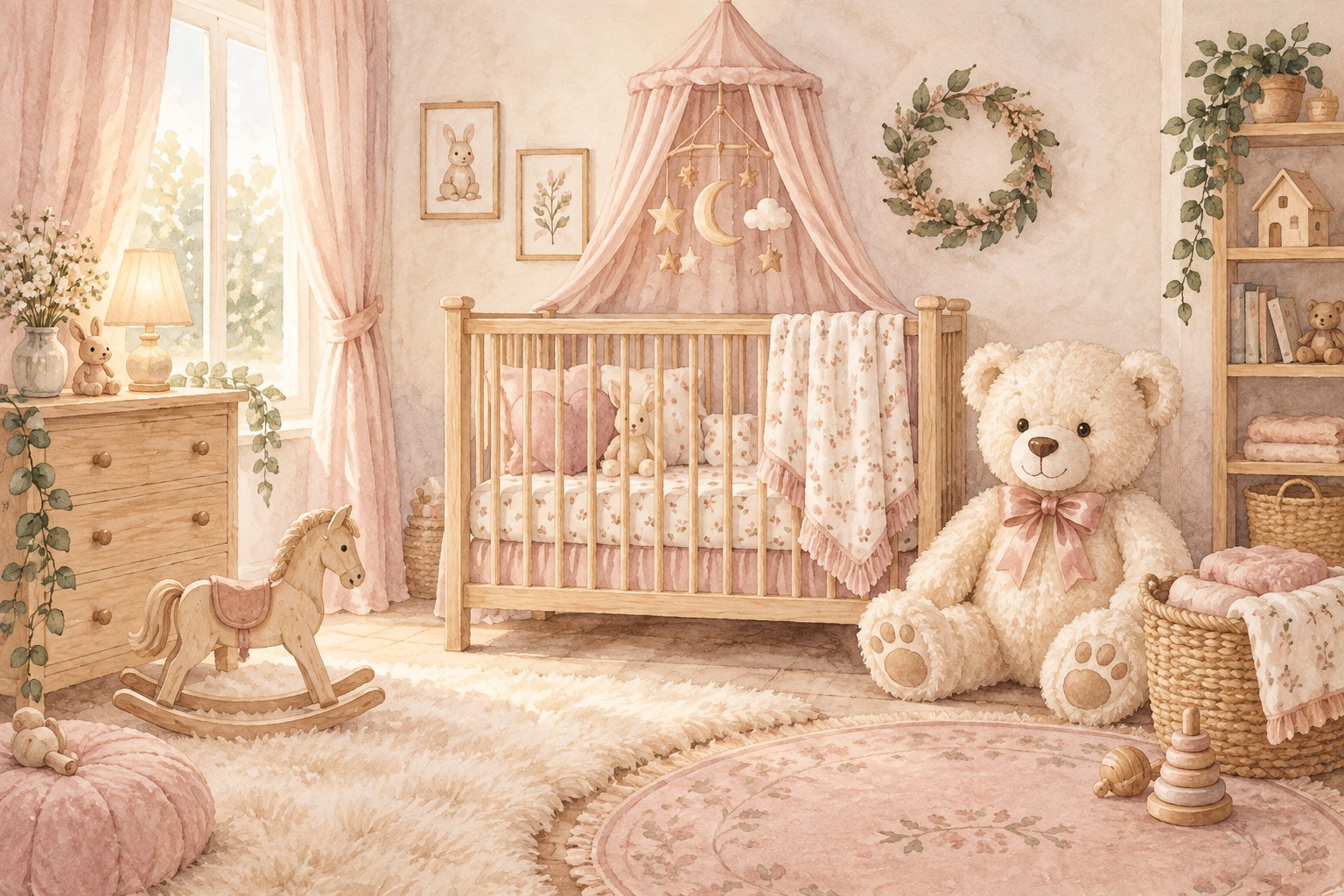 Chambre de bébé avec lit en bois et nounours